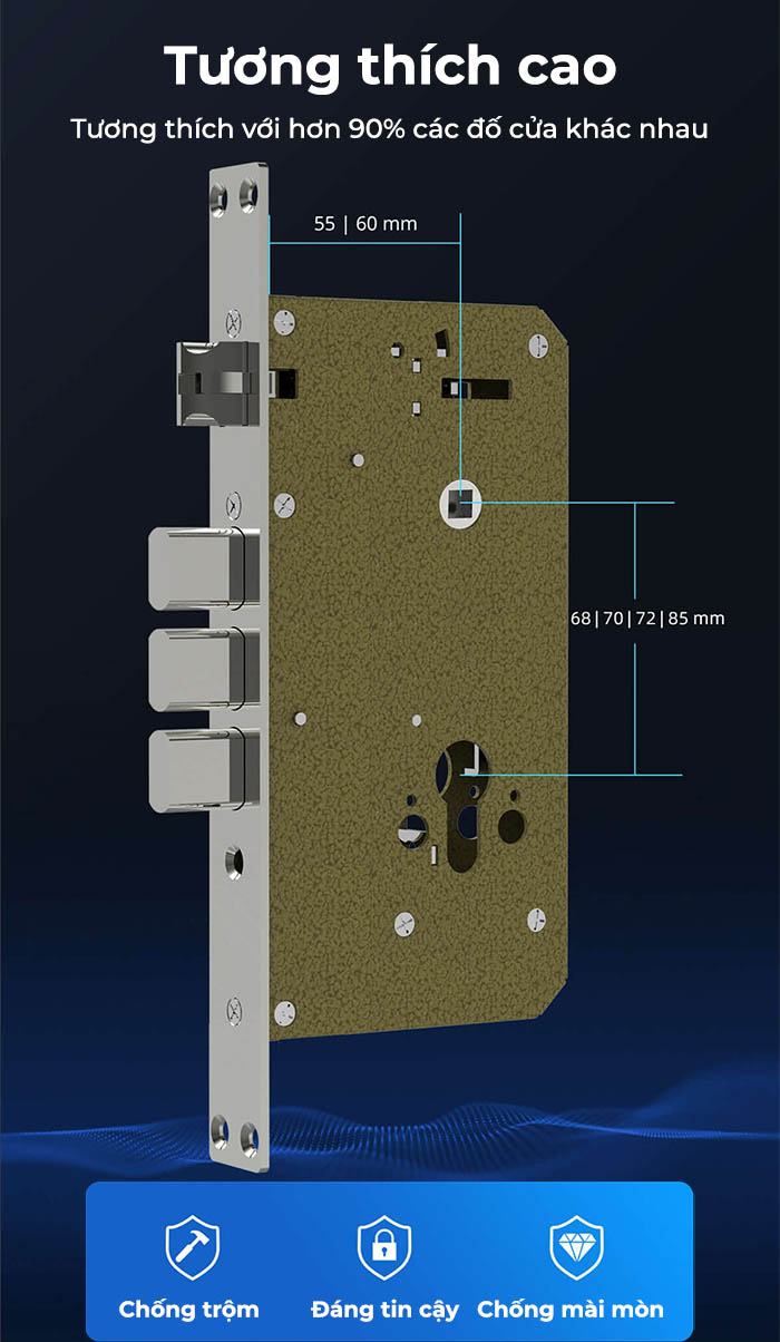 Lõi khoá trang bị đa điểm chốt chắc chắn